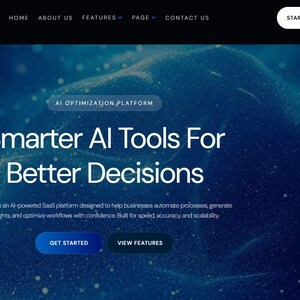 May include: A website interface with a dark blue background and white text. The header includes navigation links and a "Start Free Trial" button. The main text reads "Smarter AI Tools For Better Decisions." Below, it states "Optivio is an AI-powered SaaS platform..."