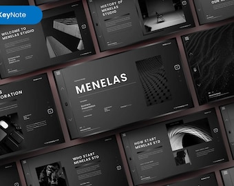 May include: A black and white presentation template for Keynote with the title "Menelas" and the text "Business Presentation Template".