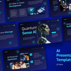 Könnte beinhalten: Eine dunkelblaue Präsentationsvorlage mit dem Titel "AI Presentation Template" und dem Text "20 Slides". Die Folien behandeln Themen wie "How It's Changing the World" und "AI's Role in Urban Development".