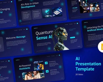 May include: A dark blue presentation template with the title "AI Presentation Template" and the text "20 Slides". The slides cover topics like "How It's Changing the World" and "AI's Role in Urban Development".
