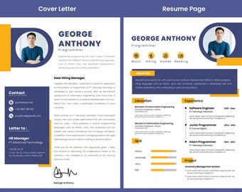 Puede incluir: Una plantilla de currículum vitae azul y amarilla con una foto de un hombre, información de contacto y una carta de presentación. El currículum incluye secciones para educación, experiencia, habilidades y proyectos. El texto del currículum incluye el nombre George Anthony, Programador, y el título "Acerca de mí".