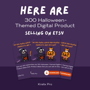 May include: Three illustrated cards with a Halloween theme. Each card features a cartoon character dressed in a Halloween costume. The text on the cards reads "Do you know which Halloween products are selling?"  The cards are part of a set of 300 Halloween-themed digital products that can be sold on Etsy.