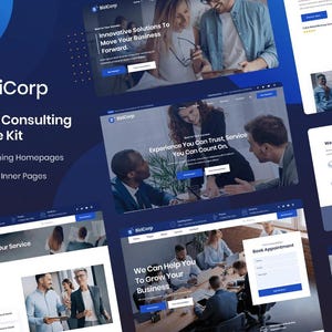 Op de afbeelding: Een digitale mockup van een business consulting template kit. De afbeelding toont meerdere website-mockups met het "BiziCorp" logo. De kit bevat 3 homepages en 10 inner pages. De mockups bevatten tekst zoals "Innovatieve oplossingen" en "We Can Help You To Grow Your Business."