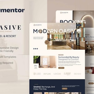 May include: A website template kit for a luxury hotel and resort, featuring a modern design. The design includes the text "OASIVE" and "MODERN OASIS". The template kit includes 10 pre-built templates and is 100% responsive and mobile-friendly.