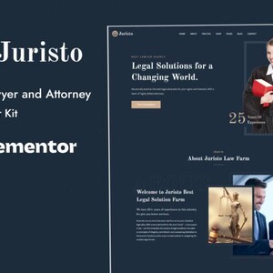 Könnte beinhalten: Webdesign für eine Anwaltskanzlei mit dem Logo "Juristo" und dem Text "Law, Lawyer and Attorney Elementor Kit". Das Design beinhaltet ein professionelles Bild eines Anwalts und den Text "Legal Solutions for a Changing World."