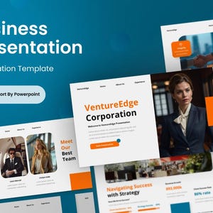 May include: A business presentation template with a blue background and orange accents. The template features a variety of slides, including a title slide, a slide with a team photo, a slide with a company logo, and a slide with a vision statement. The text on the slides includes the words "Business Presentation", "VentureEdge Corporation", "Meet Our Best Team", "Navigating Success with Strategy", and "Vision".