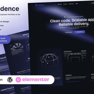 May include: A dark blue UI kit design with the "Codence" logo and text. The design includes the text "Clean code. Scalable apps. Reliable delivery." and "100% responsive design". The kit includes 14+ pre-built templates.