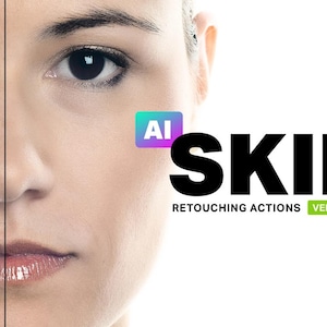 以下が含まれることがあります： AI Skin Retouching ActionsというPhotoshopのアクションセットを使用した結果を示す、ビフォーアフター画像です。画像の下に「AI Skin Retouching Actions Version 3.1」というテキストが表示されています。