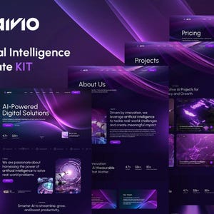 Pode incluir: Um kit de modelos de design digital para inteligência artificial, com um esquema de cores roxo escuro e preto. O design inclui maquetes de sites com o texto "AI-Powered Digital Solutions", "About Us", "Projects" e "Pricing". O logotipo do Elementor também é visível.