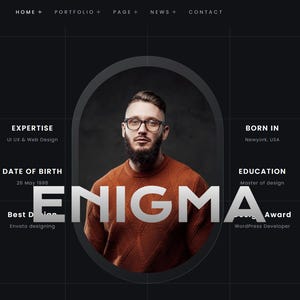 May include: Website design with a man in glasses and an orange sweater. The word "ENIGMA" is central. Text includes "Expertise", "Born in New York, USA", "Date of Birth", "Education", and "Award". The background is dark with a grid.