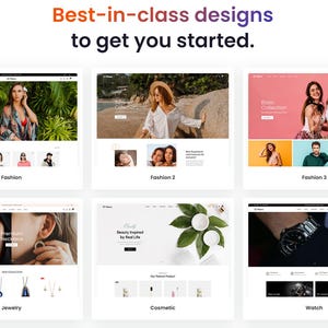 Peut inclure: Image présentant des exemples de conception de sites web avec le texte « Best-in-class designs to get you started ». Les catégories incluent Mode, Bijoux, Cosmétiques et Montres. Chaque catégorie a un design unique avec des images de style de vie.
