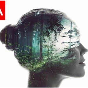 Puede incluir: Una fotografía de doble exposición de la cara de una persona con una escena de bosque superpuesta. El bosque es exuberante y verde con árboles altos y una atmósfera brumosa.