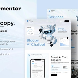 Puede incluir: Kit de plantillas de sitio web para un chatbot de IA, con un diseño azul y blanco. La imagen muestra una mascota robot y el texto "Bloopy AI Chatbot". La plantilla es adaptable y compatible con móviles.