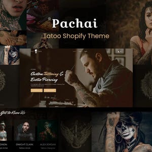Könnte beinhalten: Website-Screenshot eines Tattoo-Shop-Themas für Shopify. Die Website hat einen dunklen Hintergrund mit Bildern von Tattoos und einen Abschnitt mit dem Titel "Get to Know Us" mit Fotos der Tätowierer.