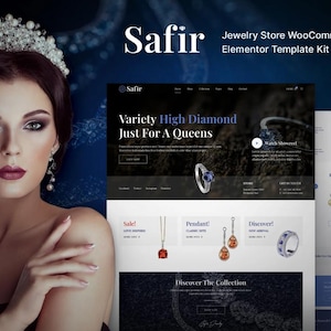 May include: Website screenshot of a jewellery store with the text "Safir Jewellery Store WooCommerce Elementor Template Kit" and "Variety High Diamond Just For A Queens". The website features images of diamond rings, necklaces, earrings, and pendants.