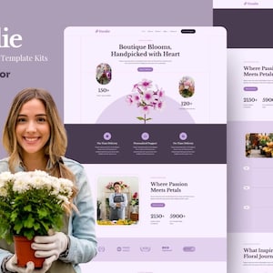 May include: A website template for a flower boutique, with a woman holding a potted plant. The website design features a light purple color scheme and includes the text "Foralie" and "Flower Boutique Template Kits". The website showcases floral arrangements.