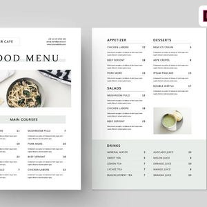 Plantilla de menú de restaurante, plantilla de menú de comida, menú de comida de restaurante, plantilla de menú, menú de comida de restaurante imprimible, Word, InDesign