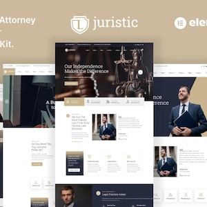 Könnte beinhalten: Website-Mockup für eine Anwaltskanzlei mit einem dunkelblauen und goldenen Farbschema. Die Website enthält Bilder von Anwälten, eine Justizwage und Text mit der Aufschrift "Unsere Unabhängigkeit macht den Unterschied".