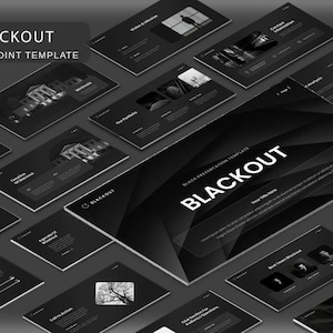 Puede incluir: Una plantilla de PowerPoint titulada "Blackout" con un diseño oscuro y moderno. La imagen muestra varias diapositivas con una combinación de colores negro y gris, con texto y gráficos. La estética general es elegante y profesional, adecuada para presentaciones.