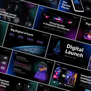 May include: A collection of digital presentation slides with a dark background and neon blue and purple gradients. The slides feature text like "Digital Launch," "Virtual Reality," and "Big Digital of Earth." Graphics include a rocket and a person wearing VR goggles.