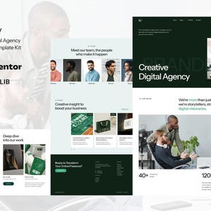 May include: Website mockup for a creative digital agency called "Creative Digital Agency". The website features a green and white colour scheme with images of people and text that highlights the agency's services. The text includes "Creative Digital Agency", "Meet our team, the people who make it happen", "Creative insight to boost your business", "Deep dive into our work", "We're more than just creatives - we're storytellers, strategists, and digital visionaries", "40+", and "120k-."