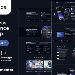 May include: A dark blue website template for a business and finance startup. The template features a mobile app design with a dark blue and white colour scheme. The text on the website says "Let Financial Technology Work For You" and "4 Steps To Financial Success".
