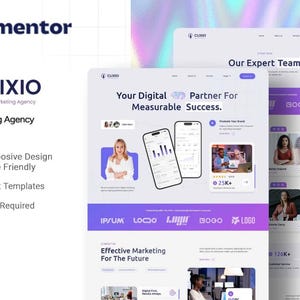 May include: A website template kit with a purple and white color scheme. The design includes the Elementor and Clixio logos, along with the text "Your Digital Partner For Measurable Success." The design is 100% responsive and mobile-friendly.