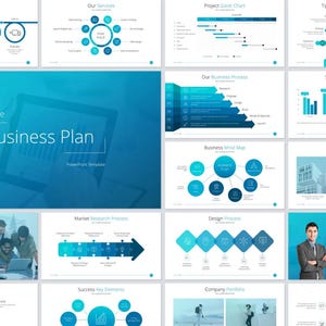 May include: A blue and white business plan presentation template featuring a range of charts and graphs. The template includes a title slide, a slide for outlining the business model, a slide for presenting the market research process, and a slide for showcasing the company's portfolio.