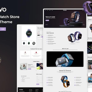 May include: A website mockup for a smart watch store called Timevo. The website features images of smart watches in various colours and styles, along with text highlighting the features and benefits of the watches. The website also includes a call to action to "Get in Touch".