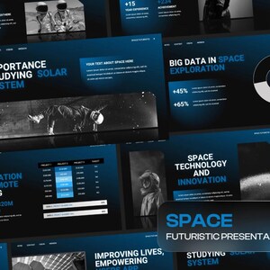 Puede incluir: Una plantilla de presentación futurista con fondo azul oscuro y texto blanco. Las diapositivas presentan imágenes de astronautas, planetas y exploración espacial. El texto en las diapositivas incluye frases como "Importancia del estudio del sistema solar", "Big Data en la exploración espacial" y "Tecnología espacial e innovación".