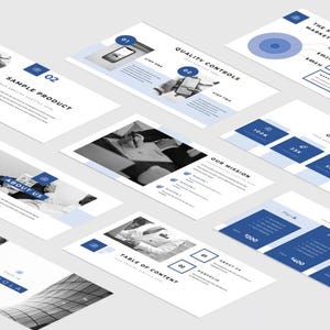 May include: A presentation slide deck with a blue and white color scheme. The slides include text about a sample product, quality controls, the size of the market, a company's mission, pricing table, and statistics. The slides also include images of a phone, a person writing, and a building.