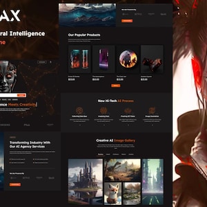 Puede incluir: Una página de inicio de sitio web para AI-MAX, un tema de Shopify de inteligencia neuronal artificial. El sitio web presenta un fondo oscuro con acentos naranjas e imágenes de un robot, una ciudad y una plataforma petrolera. El texto "La inteligencia artificial se encuentra con la creatividad" se muestra en la página de inicio.
