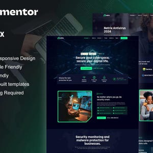 Puede incluir: Una plantilla de diseño de sitio web azul oscuro para una empresa de software antivirus llamada Netrix. El sitio web presenta un esquema de color verde y negro e incluye imágenes de una persona usando una computadora y una familia usando una computadora portátil. El texto en el sitio web dice "Netrix Antivirus 2024", "Proteja su ciberespacio, proteja su vida digital" y "Monitoreo de seguridad y protección contra malware para empresas."