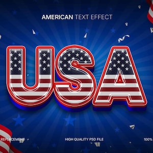 Könnte beinhalten: Eine 3D-Darstellung des Wortes "USA" in Rot, Weiß und Blau, mit dem Design der amerikanischen Flagge. Der Text ist vor einem blauen Hintergrund mit Strahlen und Sternen platziert. Amerikanische Flaggen und Konfetti sind ebenfalls enthalten.