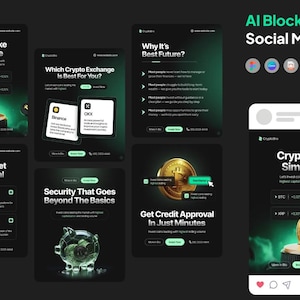 Può includere: Un post sui social media verde scuro e nero che promuove AI Blockchain. Il post include il testo "Crypto Make Simple Life" e presenta una moneta d'oro con una "B". Altri pannelli discutono gli scambi di criptovalute e la sicurezza.