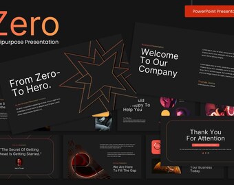 May include: A dark background with a red and orange star design. The text "Zero" is in orange and the text "Multipurpose Presentation" is in white. The text "From Zero-To Hero." is in white. The text "Welcome To Our Company" is in white. The text "Thank You For Attention" is in red. The text "The Secret Of Getting Ahead is Getting Started." is in white. The text "We Are Here To Fill The Gap" is in white. The text "Your Business Today" is in white.