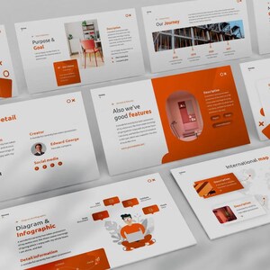 May include: A presentation template with orange accents. The slides include a table of contents, project details, a diagram and infographic, a line chart, an international map, and a slide that says "Also we've good features".