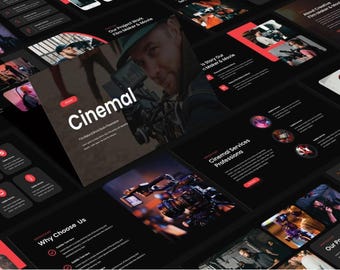 May include: A black and red presentation template for a film and video production company called "Cinemal". The template features images of cameras and film equipment, and text that highlights the company's services and experience.