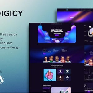 Peut inclure: Une maquette de site Web pour une agence numérique appelée Digicy. Le site Web présente un fond sombre avec des couleurs néon vives et un design dégradé. Le texte sur le site Web dit "Elevate Your Brand's Digital Presence" et "We are Innovative Digital Agency". Le site Web présente également un bouton d'appel à l'action qui dit "Get Started".
