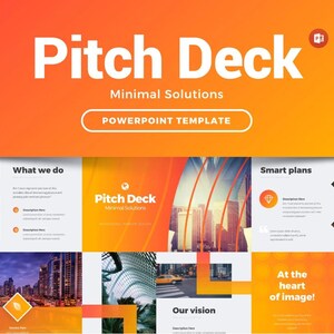 Può includere: Un modello di presentazione PowerPoint per un pitch deck con un design minimalista. Il modello presenta uno schema di colori arancione e giallo brillante con immagini di paesaggi urbani ed edifici. Il testo "Pitch Deck" è visualizzato in un grande carattere in grassetto.