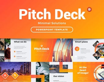 May include: A PowerPoint template for a pitch deck with a minimalist design. The template features a bright orange and yellow color scheme with images of cityscapes and buildings. The text "Pitch Deck" is displayed in a large, bold font.