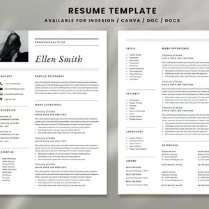 Pode incluir: Um modelo de currículo em preto e branco com o título "Modelo de currículo" e o texto "Disponível para InDesign/Canva/Doc/Docx". O currículo está dividido em seções como "Título profissional", "Habilidades", "Experiência profissional", "Educação", "Experiência", "Interesses", "Línguas", "Prêmios" e "Referências".