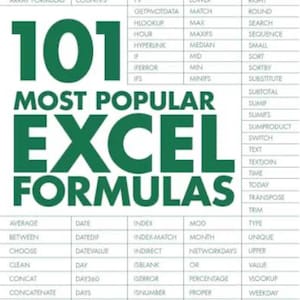 May include: A green and white infographic titled "101 Most Popular Excel Formulas" lists common formulas used in Microsoft Excel. The formulas are organized into columns with headings such as "Array Formulas", "Date", "Index", "Mod", "Type", "Unique", "Value", "Weekday", "Year", and "3D Formulas".