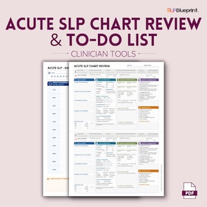 Pode incluir: Um documento PDF digital intitulado "ACUTE SLP CHART REVIEW & TO-DO LIST - CLINICIAN TOOLS". O documento apresenta um gráfico detalhado com seções para informações do paciente, avaliações e notas. O design é branco com detalhes em azul, verde e laranja.