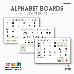 Può includere: Tavole alfabetiche per la comunicazione AAC a bassa tecnologia. Tre lavagne bianche con lettere, numeri e frasi. Include versioni in inglese, spagnolo e portoghese. Le tavole sono progettate per facilitare la comunicazione.