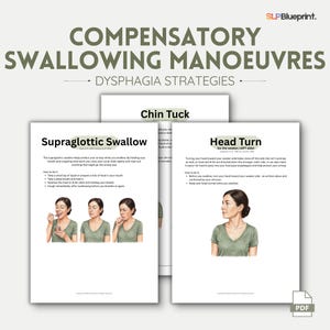 Puede incluir: Dos páginas blancas con texto e ilustraciones que detallan maniobras compensatorias de deglución para la disfagia. Las páginas se titulan "Supraglottic Swallow" y "Head Turn". La parte superior de la imagen dice "COMPENSATORY SWALLOWING MANOEUVRES" y "DYSPHAGIA STRATEGIES."