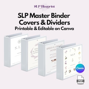 May include: Four white binders with covers and dividers. The covers feature text that reads "SLP Master Binder Covers & Dividers Printable & Editable on Canva." The binder covers have floral and insect illustrations. The Canva and PDF logos are visible.