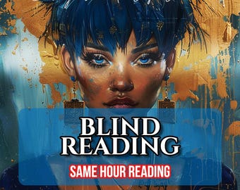 May include: A blue and gold digital illustration of a woman with the text "Enlightened By Brea" at the top, "BLIND READING" in large white letters, "SAME HOUR READING" in smaller white letters, and "INTUITIVE - DEEP - DETAILED READING" in smaller white letters at the bottom.
