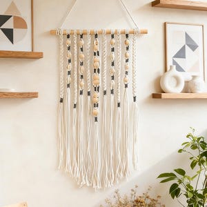 Boho Macrame Wall Hanging with Wooden Beads, Wall Art Decor, Scandinavian Home Accent, Housewarming Gift