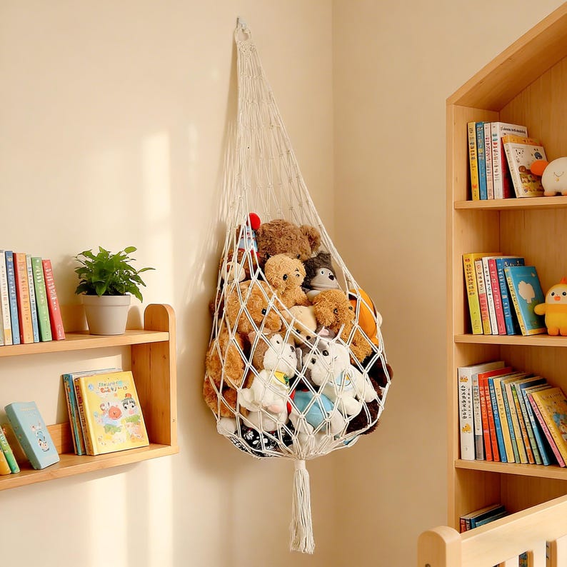 May include: A white macrame hanging toy storage net filled with stuffed animals. The net is suspended from a wall hook and has a decorative tassel at the bottom. The toys are various colors and shapes.